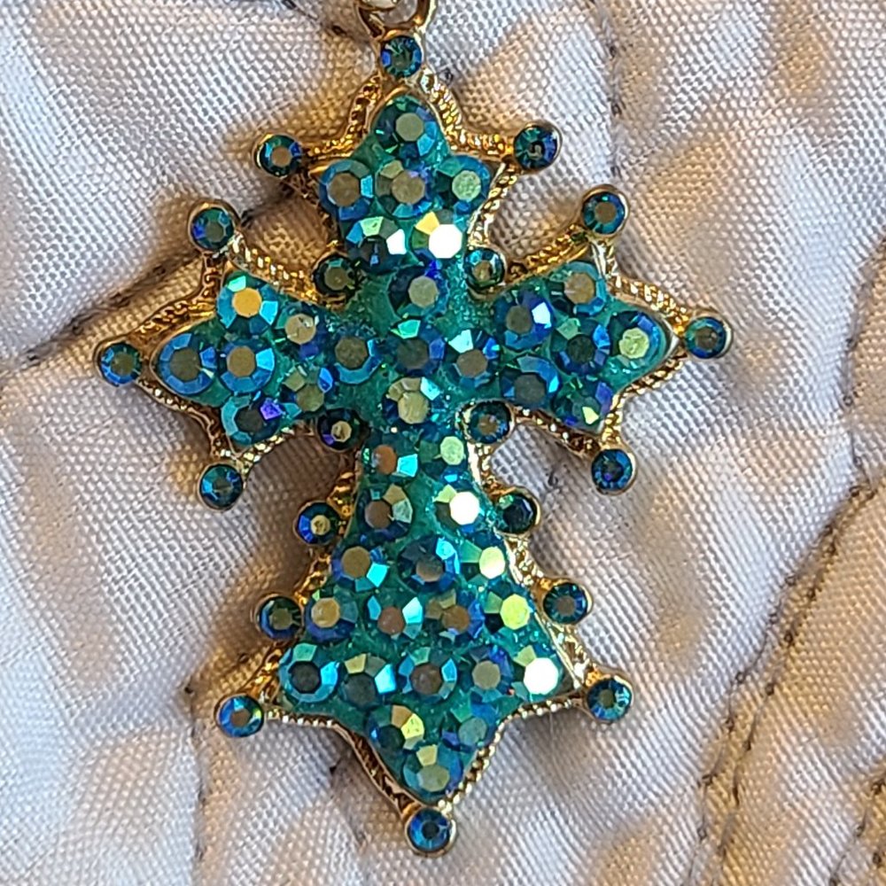 Kirks Folly Tempting Teal Cross Pendant on 17" Adjustable Gold Tone Snake Chain